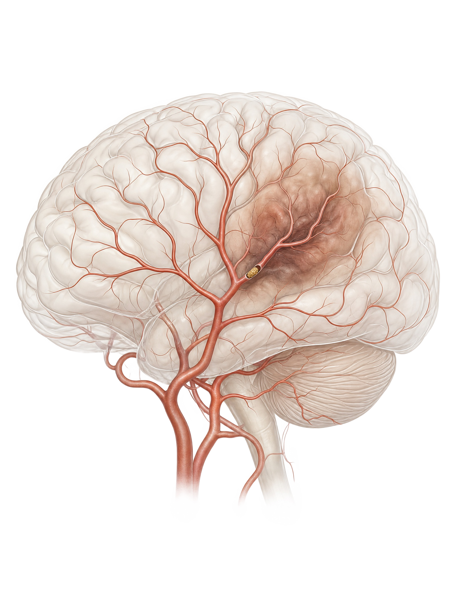 Cerebral infarction explanation image showing blocked cerebral blood vessels and areas with reduced blood flow