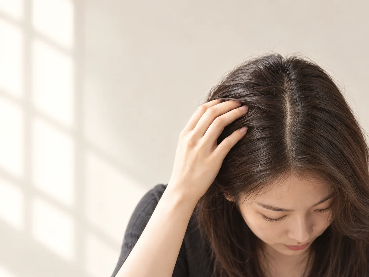 가르마와 모발을 손으로 살펴보는 모델을 여유 있는 구도로 배치한 두피 프로그램 콘셉트 사진